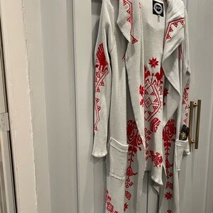 BiYa Gray and Red Patterned Hooded Cardigan